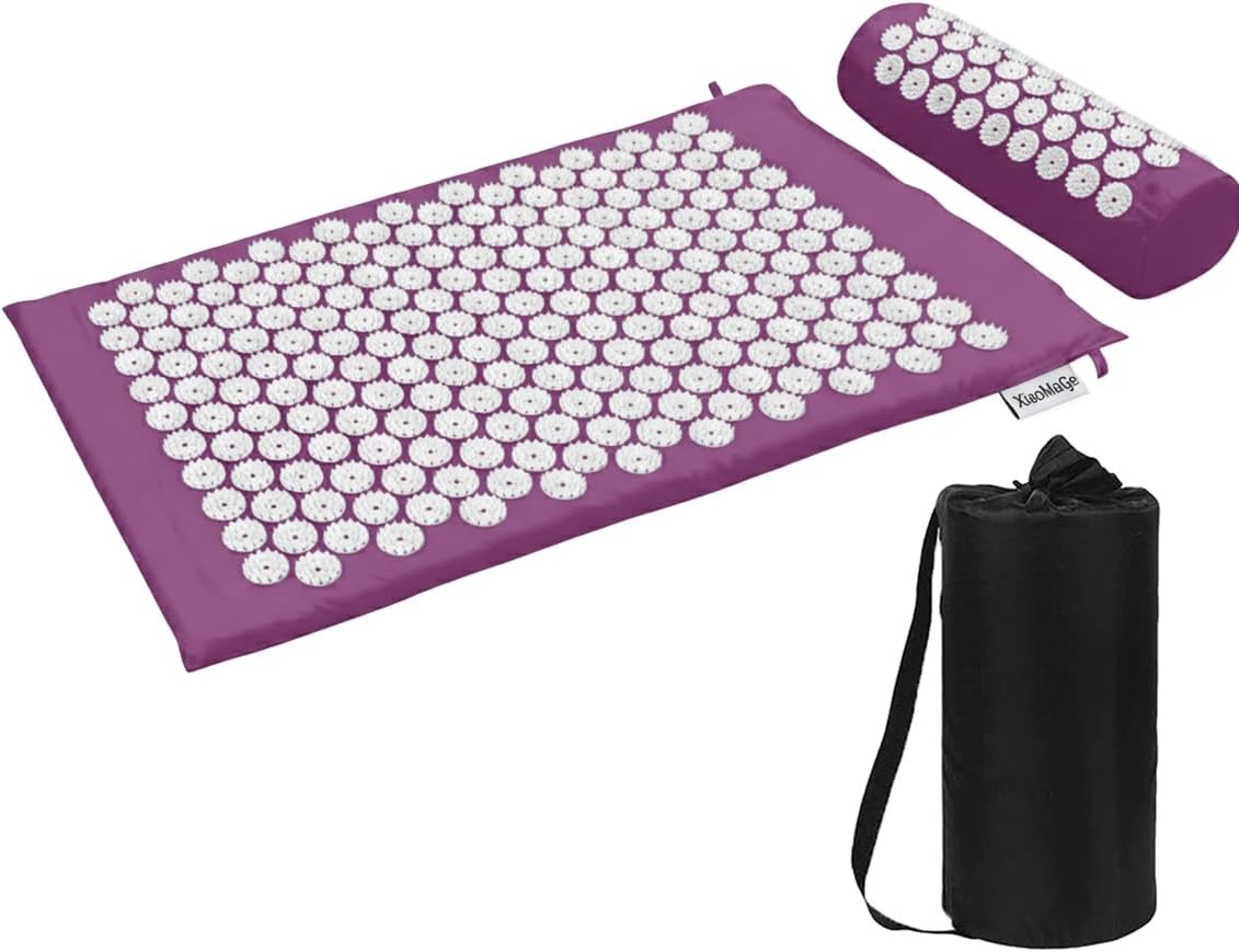 XiaoMaGe Acupressure Mat and Pillow Set with Bag - Large Size 28.7 X 16.5 inch Acupuncture Mat for Neck & Back Pain, Muscle Relaxation Stress Relief, Sciatica Pain Relief Pillow (Purple)