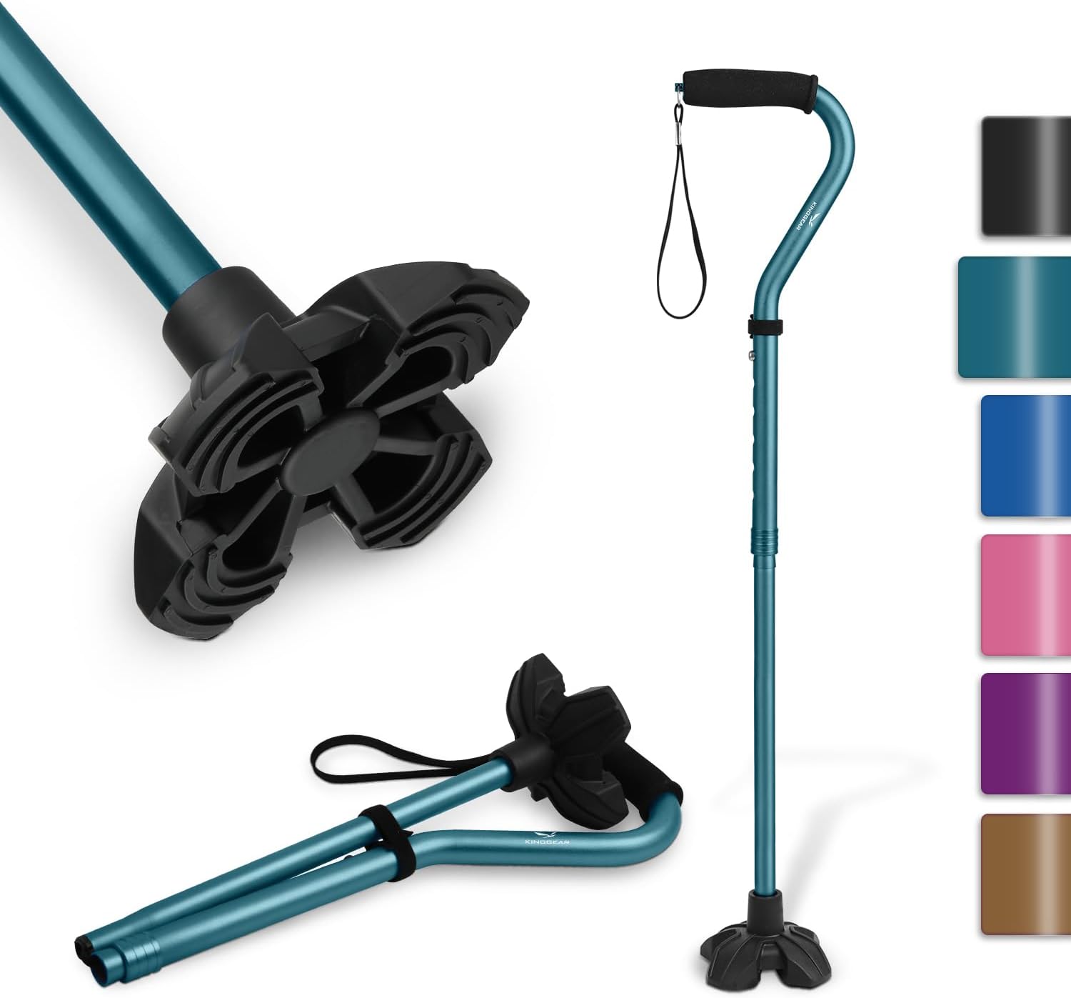 KINGGEAR F1 Walking Stick, Walking Cane for Women & Men with Wrist Strap, Lightweight & Sturdy Offset EVA Handle, Large Quad Base, Self Standing for Seniors and People with Injuries & Recovery