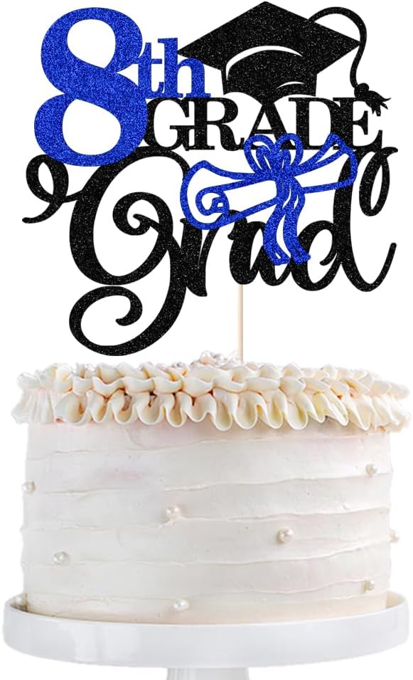 Glitter 8th Grade Grad Cake Topper，Straight Outta 8th Grade Cake Topper,2025 Grad Cake Decorations,Boys Girl Eighth Grade Graduation Party Decoration Supplies(Dark blue)