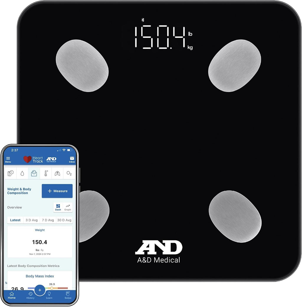 A&D Medical Smart Scale for Body Weight - UC-450BLE - Bluetooth Body Fat Scale with BMI, Body Composition, Digital Bathroom Scale, Tracks 7 Biometrics, Syncs with A&D App - 397lb