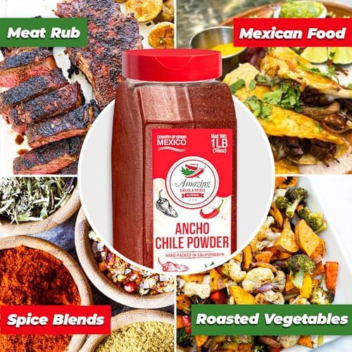 Ancho Chile Pepper Powder Ground 1 LB (16oz) – All Natural - Use For Recipes Like Mexican Mole, Sauces, Stews, Salsa, Meats, Enchiladas. Medium Heat -Sweet & Smoky Flavor. By Amazing Chiles & Spices
