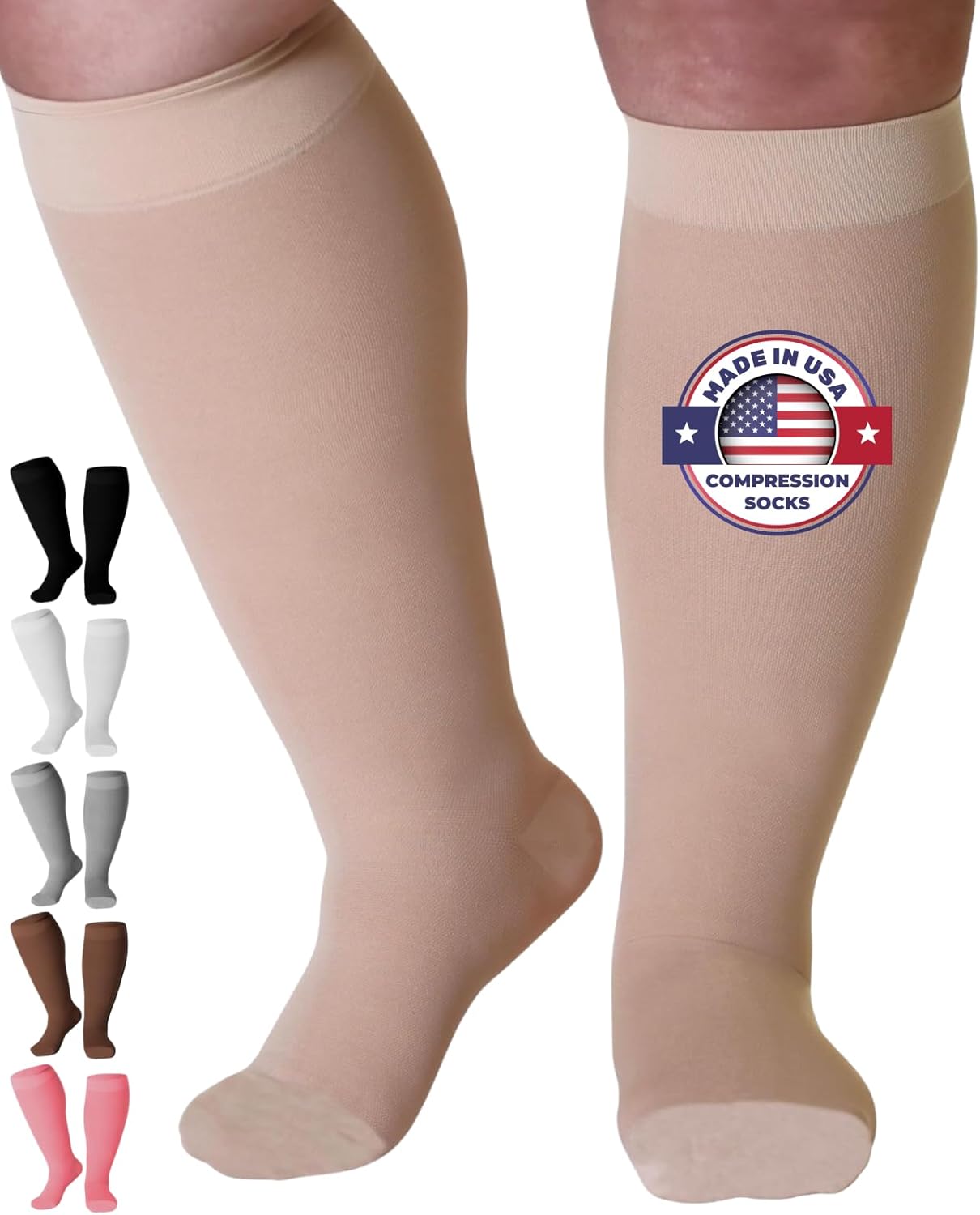 Mojo Compression Socks for Women and Men 20-30mmHg Knee High - Opaque Graduated Support Compression Stockings for Swelling, Lymphedema, Nursing - Beige, Large - AB201