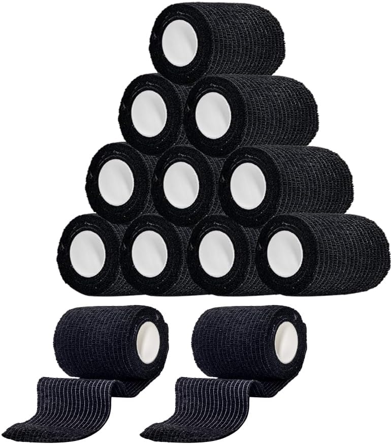 12 Pack Self Adhesive Bandage Wrap 2 Inches X 5 Yards Black Athletic Tape Non-Woven Breathable Elastic & Cohesive Bandage Wrap for Sports, Wrist, First Aid, Pets (12 Count)