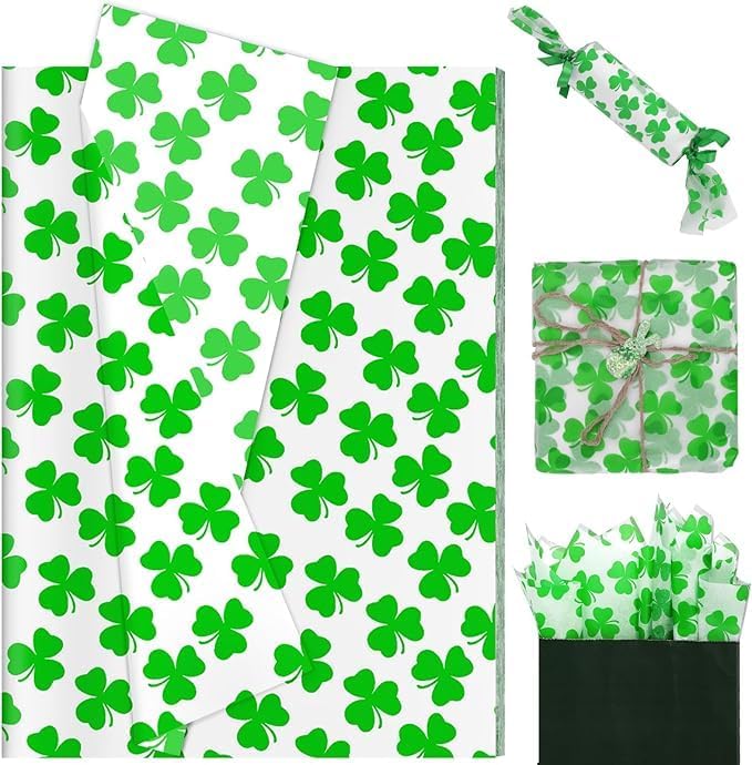 WGOCAUK 60 Sheets Shamrock Tissue Paper, 20'' x 14'' Shamrock Pattern Gift Wrapping Tissue for St. Patrick's Day Party Favors Irish Gift Bag Decor (A)