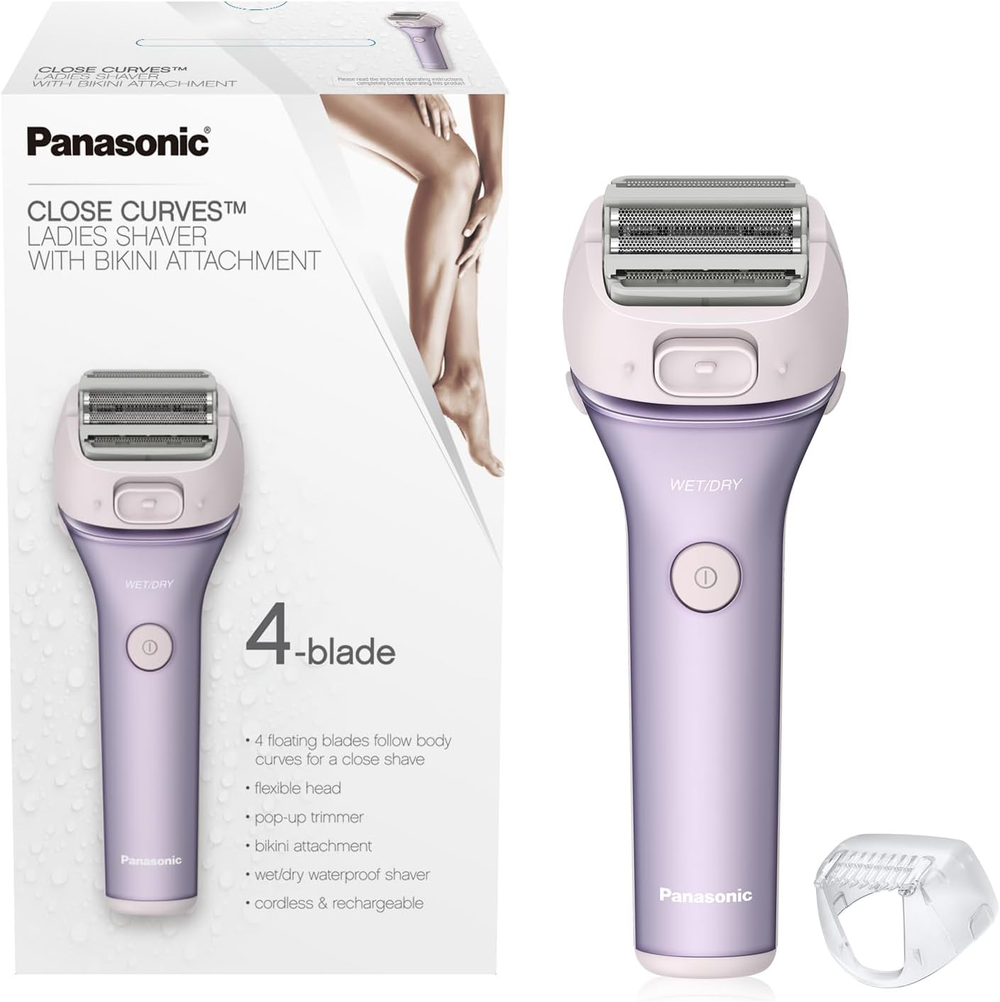 Panasonic Electric Shaver for Women, Cordless 4-Blade Shaver, Bikini Attachment, Pop-Up Trimmer, Wet Dry Operation, Electric Razors for Women - ES-AWL8AV (Purple)