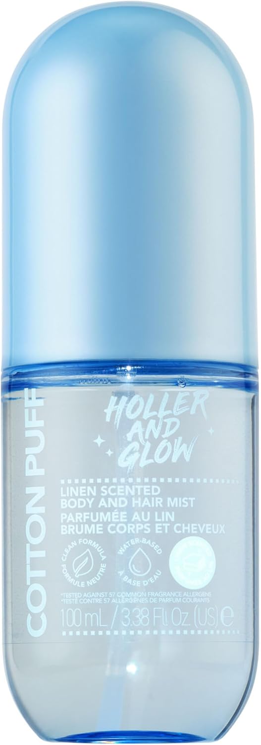 Holler And Glow Mood Boosting Cotton Puff Body & Hair Mist, Body Spray, Teen Girls Spritz, Long Lasting, Linen, Fresh Scented, Water Based Fragrance For Tweens, Clean & Gentle Formula, 3.38 Fl Oz