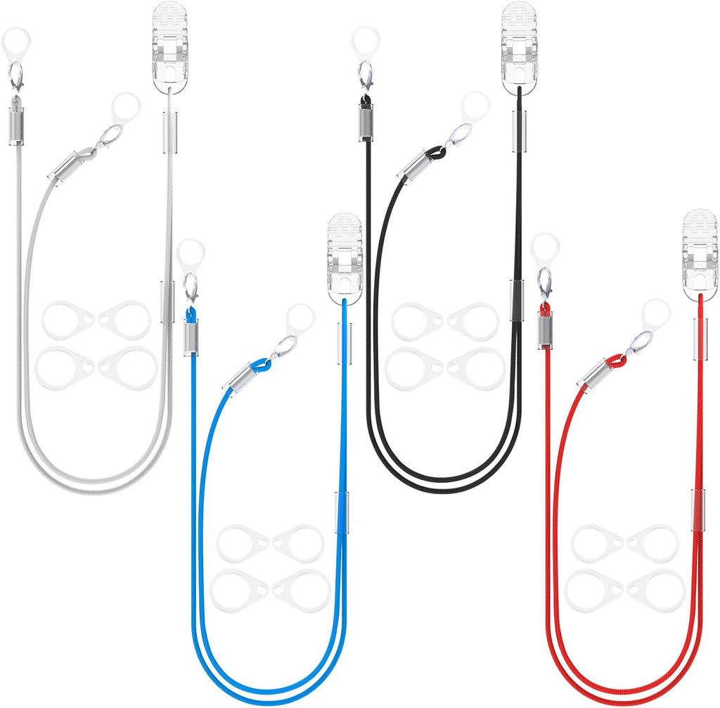 Set of 4 Hearing Aid Clips, Adjustable Hearing Aid Lanyard Anti-Lost BTE Clip String with 12 Pairs Silicone Loops, Hearing Protection Accessories for Adults & Kids, Binaural, 4 Colors