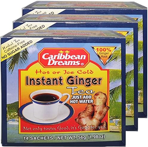 Caribbean Dreams Instant Ginger Tea, Unsweetened, 18g (Pack of 3) - Total 42 Tea Bags
