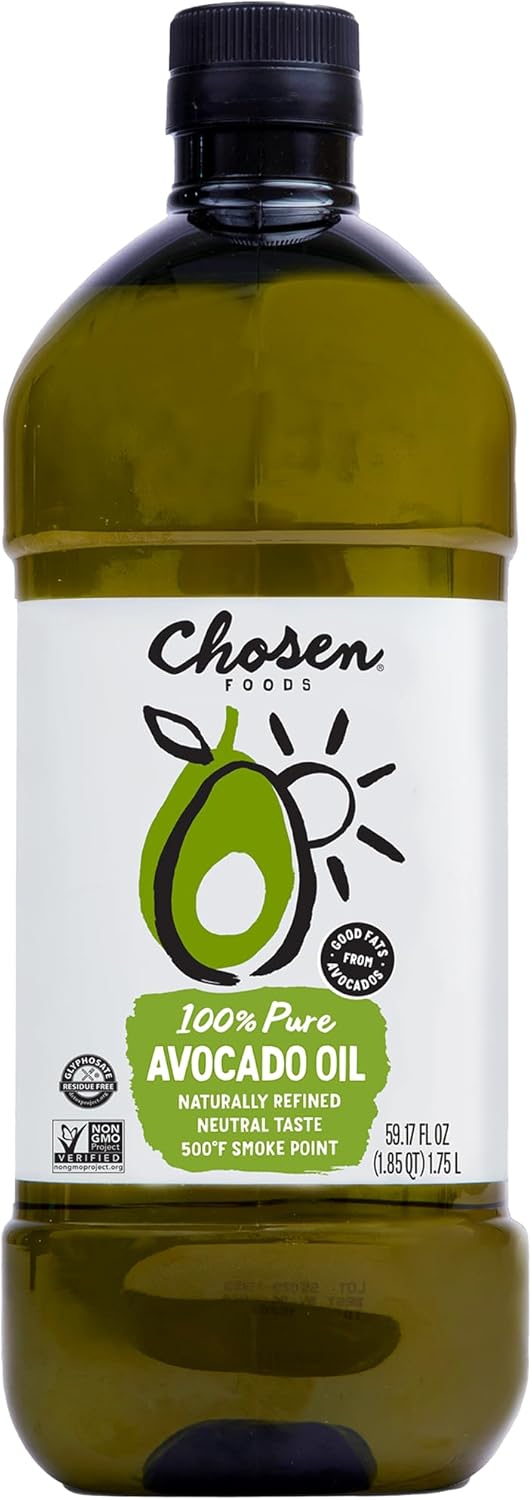 Chosen Foods 100% Pure Avocado Oil for Cooking - 1.75L - Made With Good Fats from Avocados, Naturally Refined, Never Adulterated, High Smoke Point, Non-GMO, Soy-Free, Canola Oil-Free, Gluten-Free, Keto