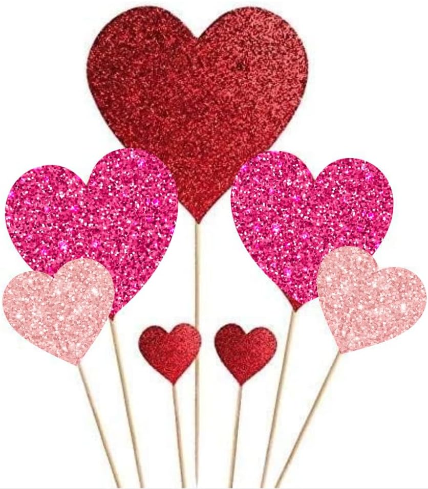 35 pcs Glitter Red Heart Cake Toppers Picks for Sweet Love Theme Wedding Engagement,Valentine's Day Bridal Shower Mother's Day Party Cake Decors (Red heart) (Pink Red Light Pink)