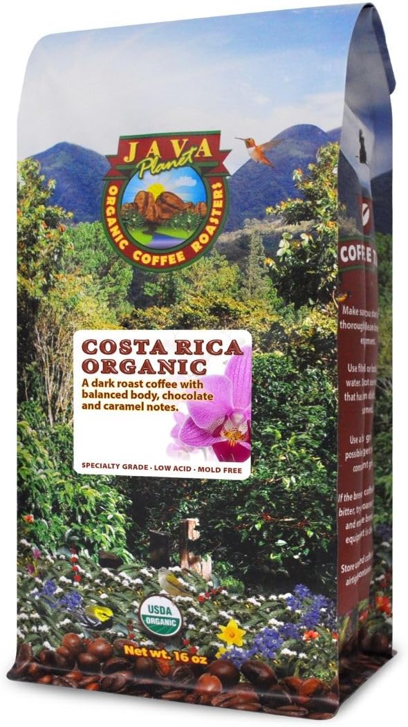 Low Acid Organic Coffee – Whole Bean, Mold-Free & Stomach Friendly by Java Planet, Costa Rican Single Origin Coffee, Dark Roast, Smooth Full Flavored, 1LB Bag