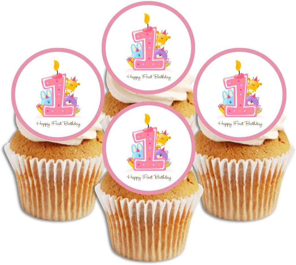 1st Birthday Girl Cake Decorations, Pink Edible Cupcake Toppers, Happy Birthday Cake Toppers, Girls Cupcake Decorations, 48 x 1.18 Inch / 3cm Wafer Card Discs UNCUT