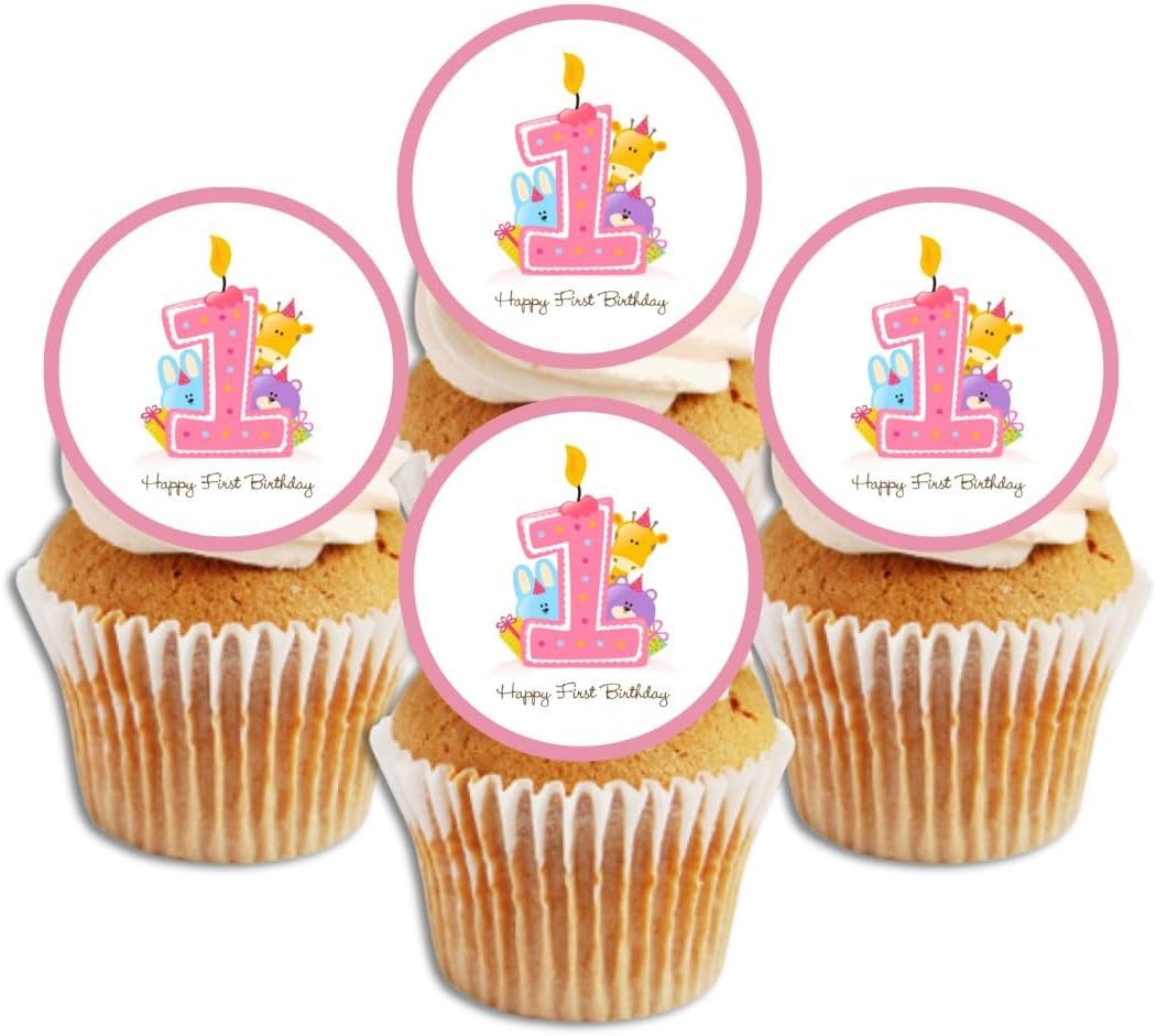 1st Birthday Girl Cake Decorations, Pink Edible Cupcake Toppers, Happy Birthday Cake Toppers, Girls Cupcake Decorations, 48 x 1.18 Inch / 3cm Wafer Card Discs UNCUT