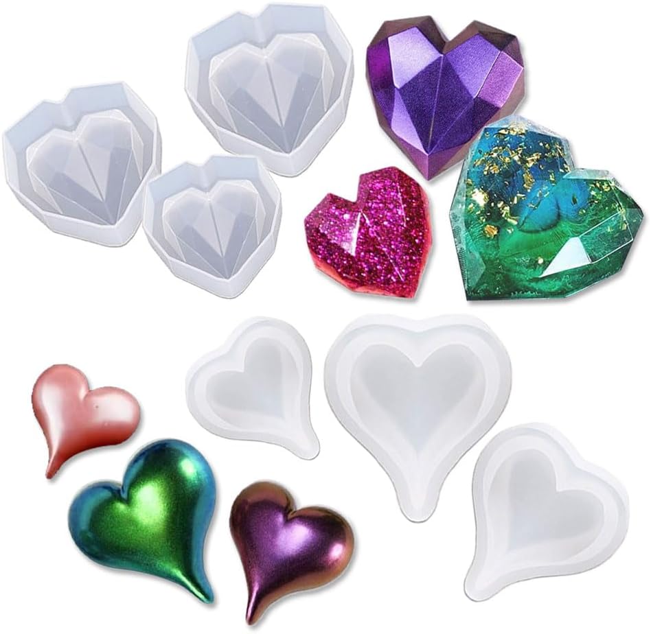 BIGEBO 3D Heart Resin Mold, 6 Pcs Deep Diamond Heart Shape Silicone Mold for Epoxy Resin Candles Soap