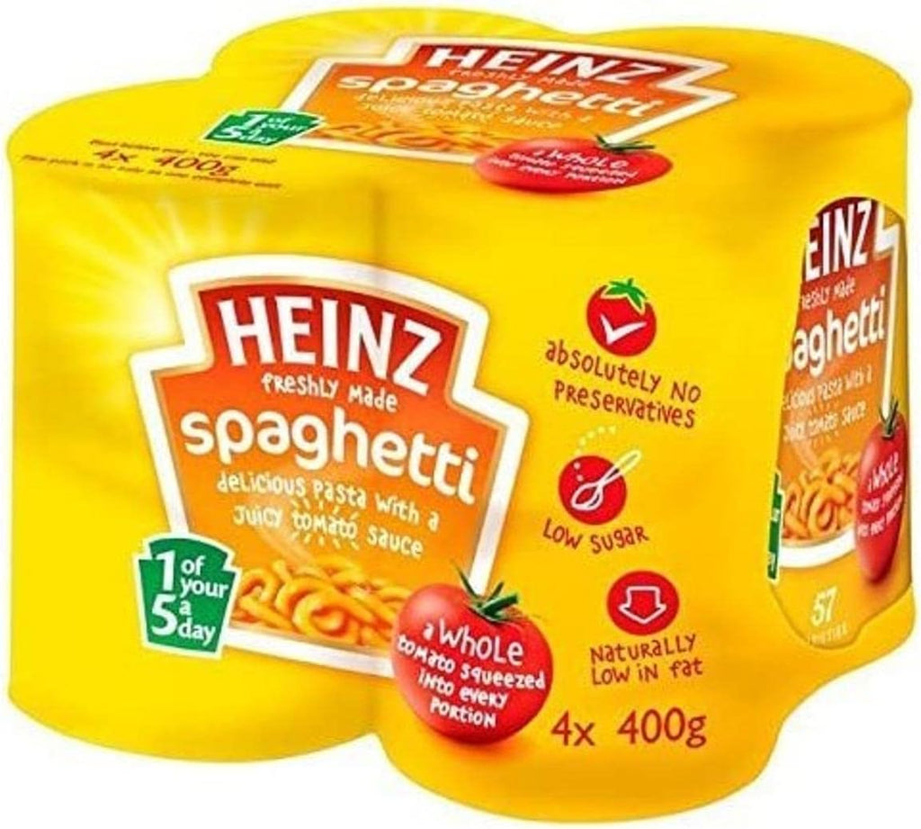 Original Heinz Spaghetti in Tomato Sauce Imported From The UK England Four Pack The Best Of British Heinz Spaghetti in Tomato Sauce