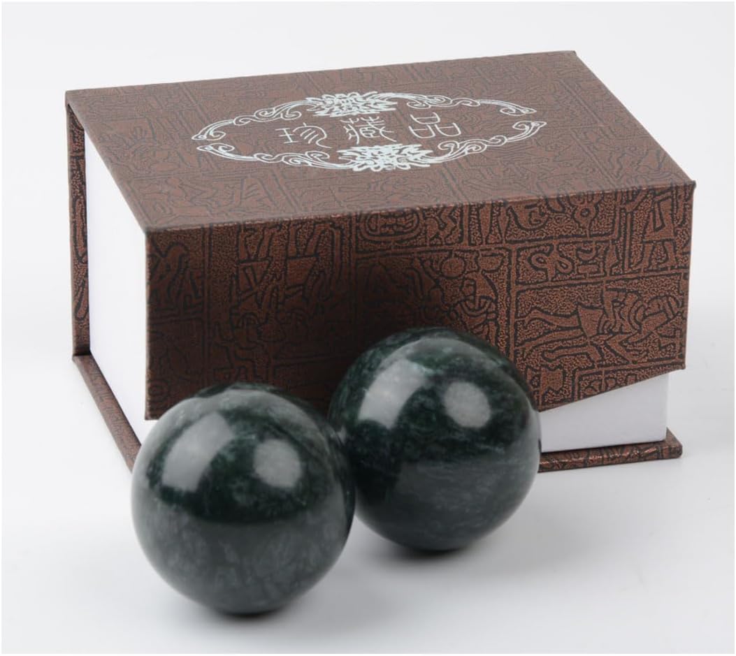 Natural Marble Baoding Balls from Traditional Chinese Health Care Balls,2 Pack 1.6-inch Massage Balls for Hand Massage,Meditation,Stress Relief (Green with Base) (Green, 1.57)