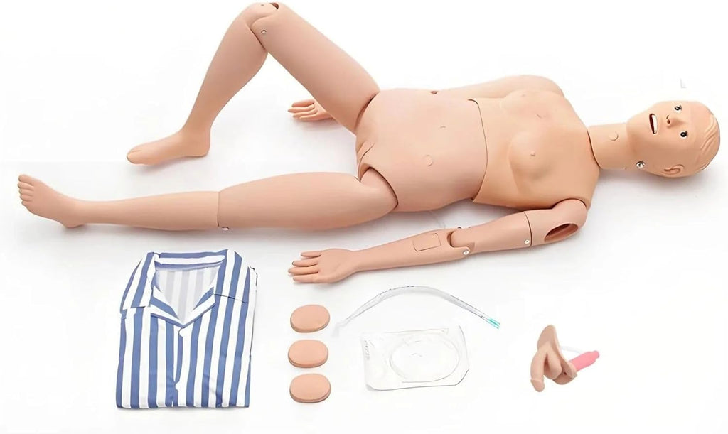 Nursing Manikin Full-Body with Interchangeable Genitalia – Female (5’6”/168cm) & Male (5’7”/170cm) for Advanced Medical Training (Includes Hospital Gowns & Accessories) F