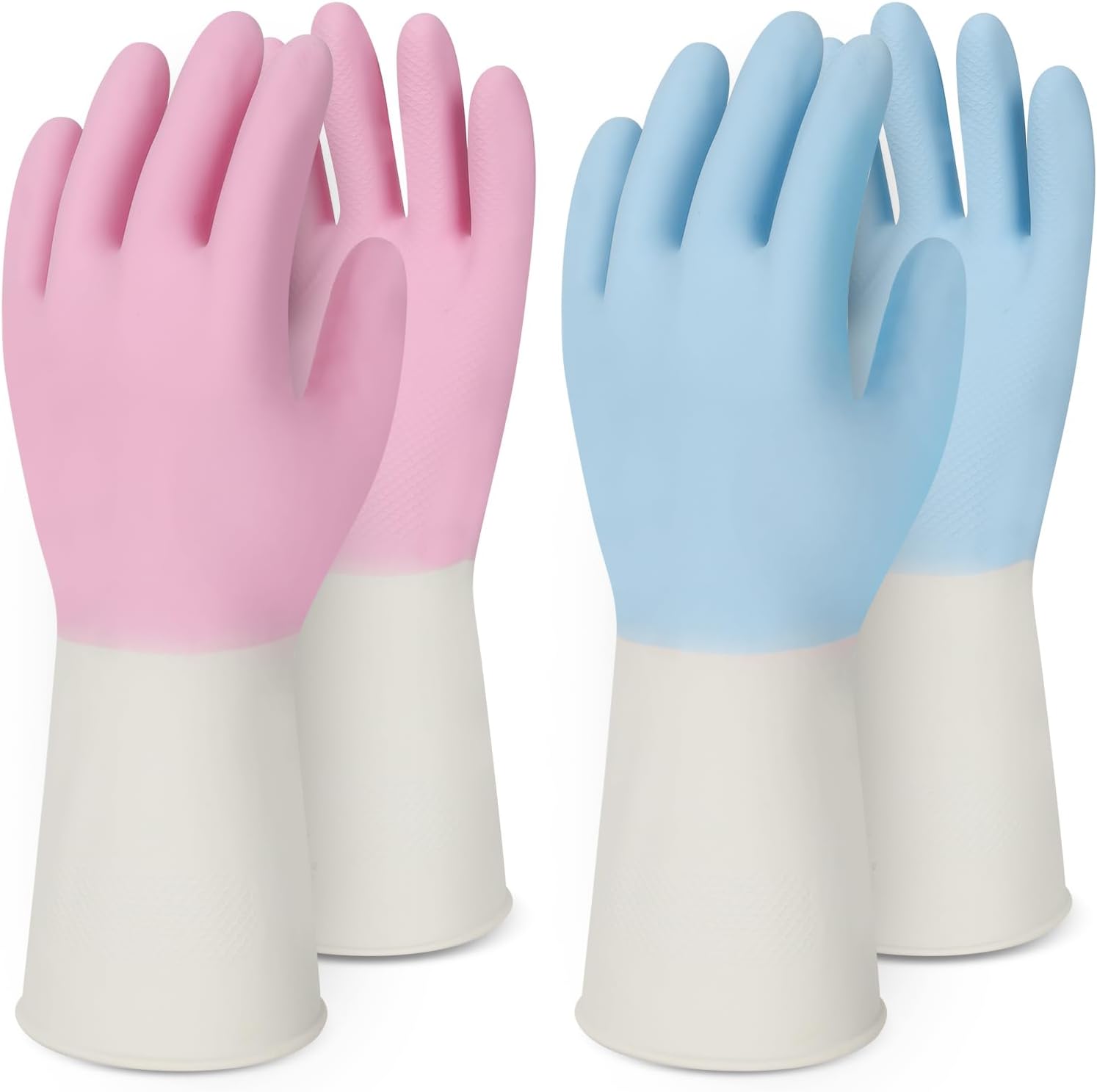 Household Rubber Gloves Non-Slip Dishwashing Cleaning for Kitchen & Bathroom Reusable (2 Pairs Pink+Blue)