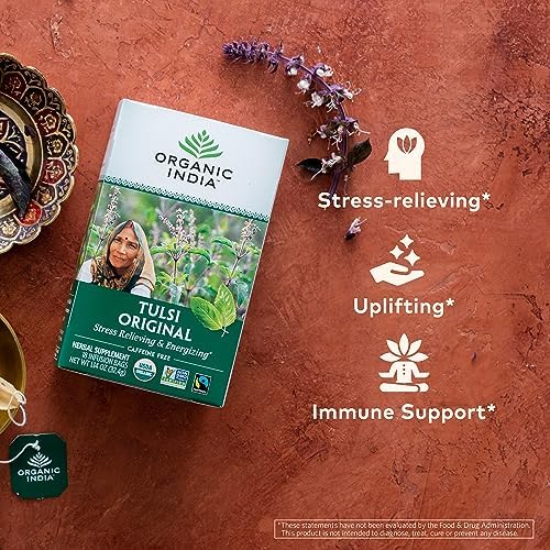 Organic India Original Tulsi Tea - Herbal Tea, Holy Basil and African Basil Calming and Stress Relief Tea, Immune Support, USDA Certified Organic, Non-GMO, Caffeine-Free - 18 Infusion Bags, 2 Pack