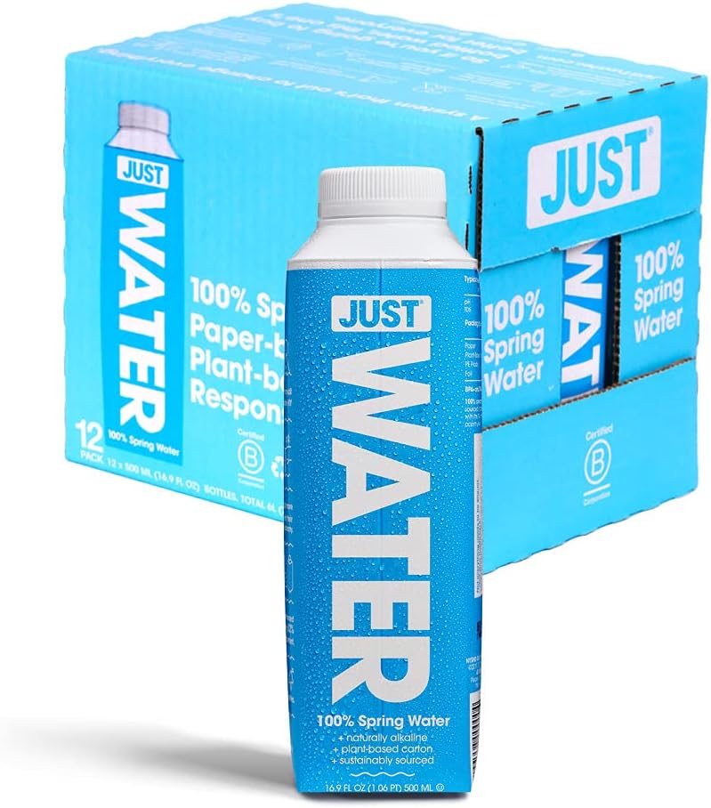 JUST Water, Premium Pure Still Spring Water in an Eco-Friendly BPA Free Plant-Based Bottle - Naturally Alkaline, High 8.0 pH - Fully Recyclable Boxed Carton, 16.9 Fl Oz (Pack of 12)