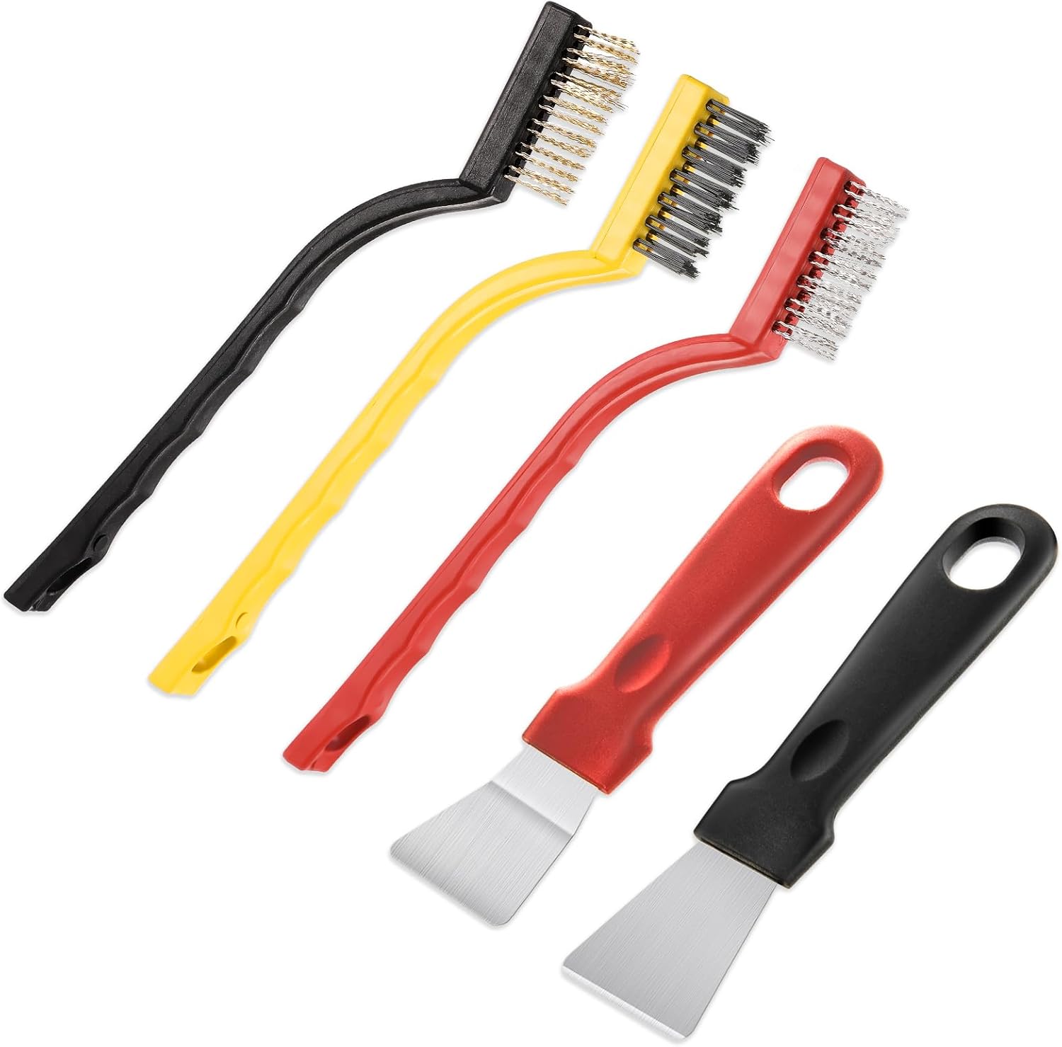 5 Pack Kitchen Stove Cleaning Brush + Scraper Tool Set, Stainless Steel and Nylon Brush Head Brushes Heavy Duty Scraper for Gas Burners Cooktop Pan Brass Kitchen, Bathroom, Range Hood Grease Grime