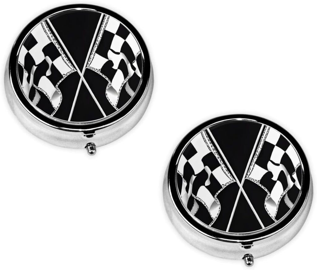 (Black White Formula Checkered Flags Pattern) Round Pill Box,3 Compartment Pill Box Mini Decorative Pocket Purse Portable Travel Medicine Tablet Vitamin Holder Organizer Pill Case