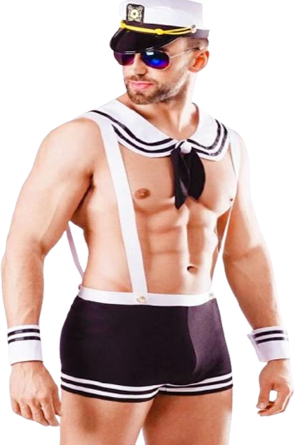 Men’s Sexy Sailor Costume – Navy Captain Roleplay Outfit with Suspender Shorts, Collar, Cuffs & Hat – Nautical Theme Party, Cosplay, Clubwear, Bachelor Party, Mardi Gras Valentine's Day