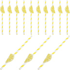 NUOBESTY 20pcs Yellow Stripe Lemon Paper Drinking Straws Decorative Cocktail Straws for Juice Party and Coffee Cups Summer Birthday Supplies