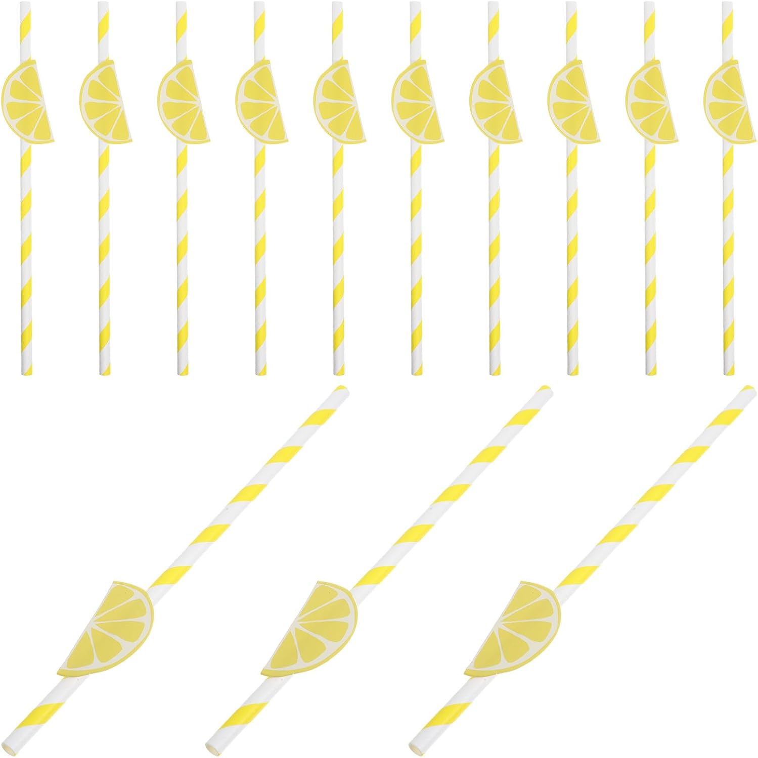 NUOBESTY 20pcs Yellow Stripe Lemon Paper Drinking Straws Decorative Cocktail Straws for Juice Party and Coffee Cups Summer Birthday Supplies