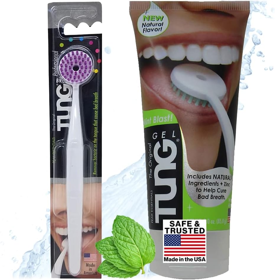 TUNG Tongue Cleaning Kit, TUNG Brush and Natural Mint Blast Gel, Bad Breath Odor Eliminator, Halitosis Defense, USA Made (Set of 1)