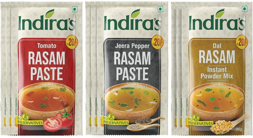 Instant Rasam Paste Combo Pack of 9 - Just Add Hot Water - 3 Tasty Flavours - Tomato Rasam (50g Pack of 3) Pepper Rasam (50gPack of 3) & Dal Rasam (35g Pack of 3)