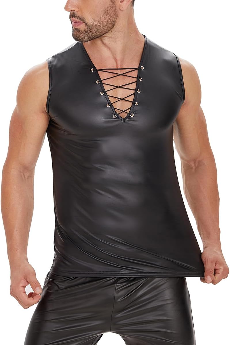 Men Sexy Leather Tank Top, Adjustable, Male Shiny Soft Matte Vest, Black