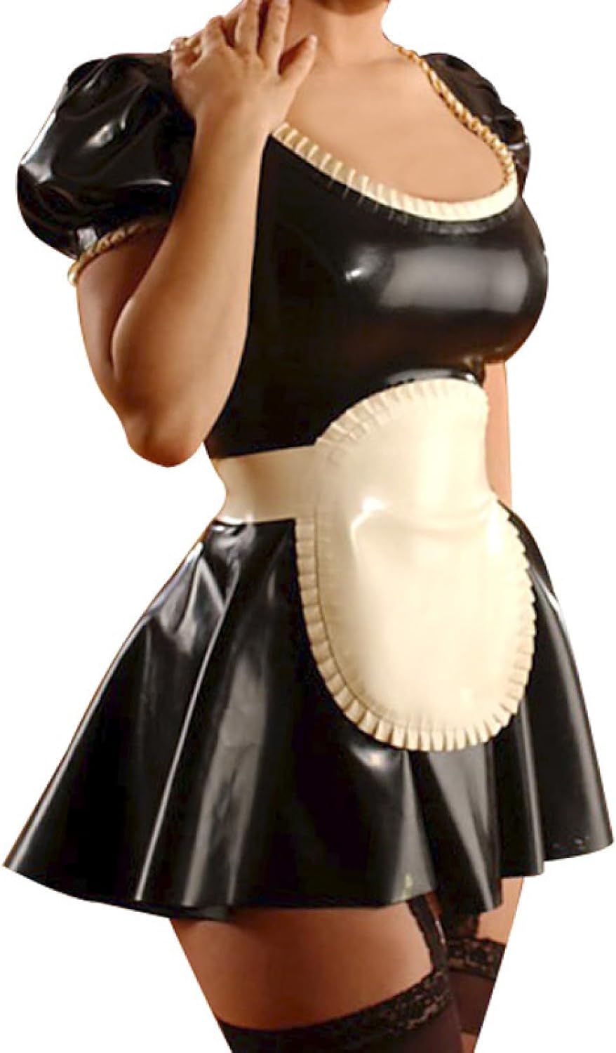 Black and White Short Puff Sleeves Sexy French Maid Latex Dress with Apron Rubber Uniform Bodycon Playsuit