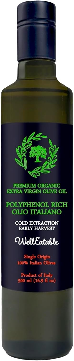 WellEatable High +1,200 mg/kg Polyphenol Rich Olive Oil, Award-Winning Early Harvest, Organic Extra Virgin Olive Oil from Italy, Lab Tested, Cold Extracted for Drinking and Finishing, 16.9 fl oz