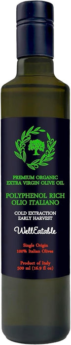 WellEatable High +1,200 mg/kg Polyphenol Rich Olive Oil, Award-Winning Early Harvest, Organic Extra Virgin Olive Oil from Italy, Lab Tested, Cold Extracted for Drinking and Finishing, 16.9 fl oz