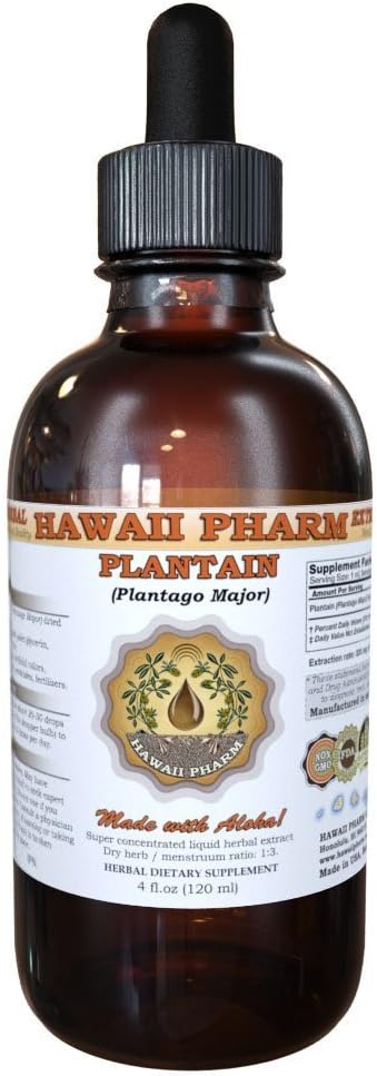 Hawaii Pharm Plantain Liquid Extract, Plantain (Plantago Major) Tincture, Herbal Supplement, Made in USA, 4 fl.oz