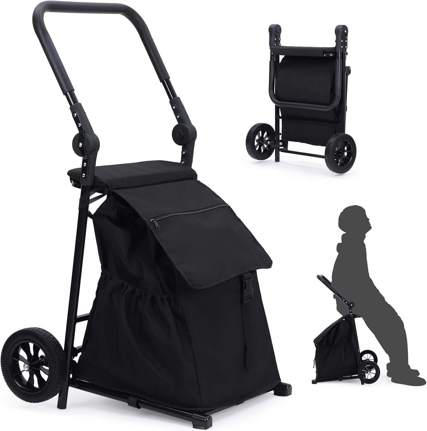 2-in-1 Foldable Grocery Cart with Seat, Portable Utility Cart & Hand Truck, 32.5 Gal Removable Waterproof Bag, Heavy Duty Collapsible Shopping Trolley, 132 lbs Capacity, Black
