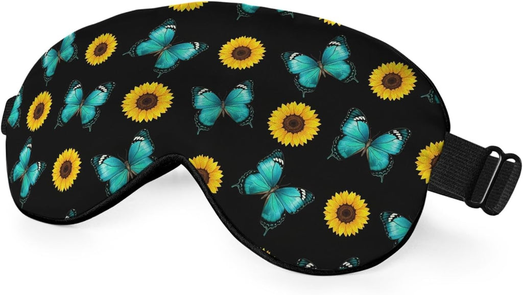 Silk Sunflower Butterfly Sleep Eye Mask, Blue, Adjustable Buckle, Soft Eye Shade Cover for Men Women Kids Travel
