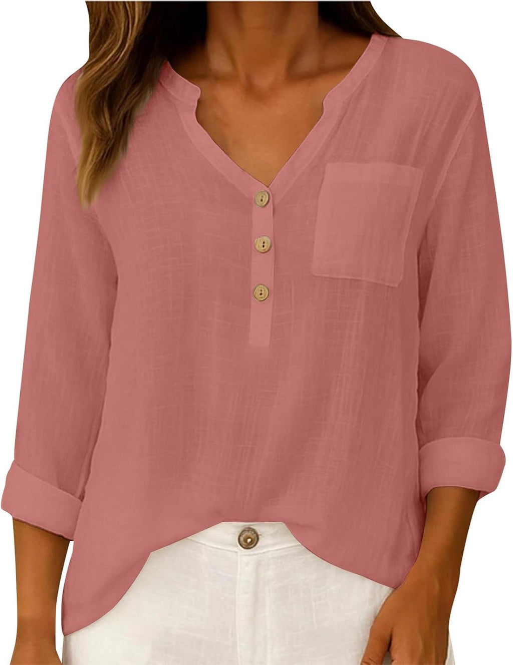 SMIDOW Womens Cotton Linen Tops Spring Fashion 2026 Long Sleeve v Neck Button Shirts Casual Loose Summer Tunic Blouses