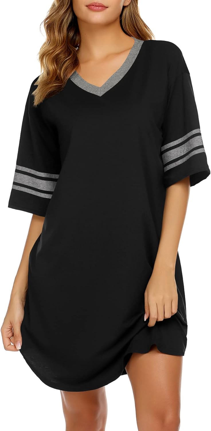 Ekouaer Nightgowns for Women Cotton Night Gown Short Sleeve Sleepwear V Neck Color Block Sleep Shirts Ladies Night Shirts