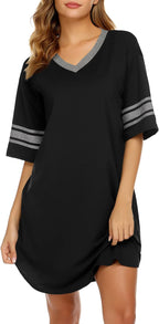 Ekouaer Nightgowns for Women Cotton Night Gown Short Sleeve Sleepwear V Neck Color Block Sleep Shirts Ladies Night Shirts