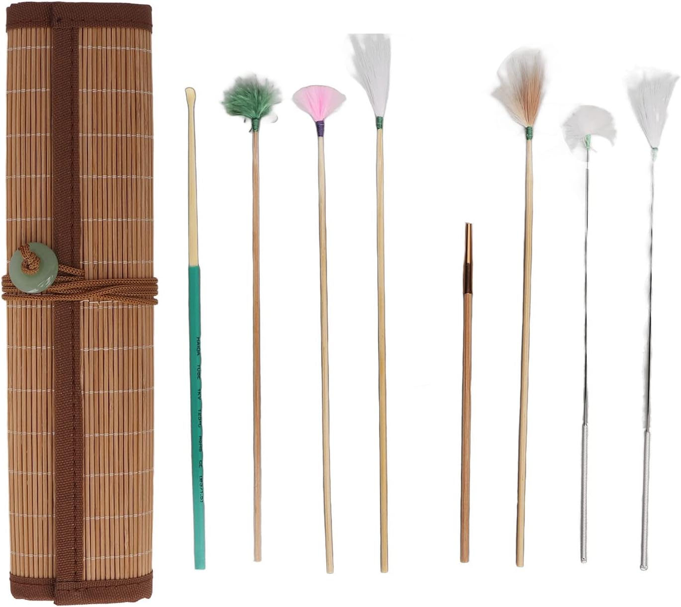 Ear Scratcher Feathers Kit, Ear Scoop, 7PCS Cleaner with Bamboo Mat, Ear Pick Cleaning, Ear Tool Massage Relaxing Wax Removal Feathers