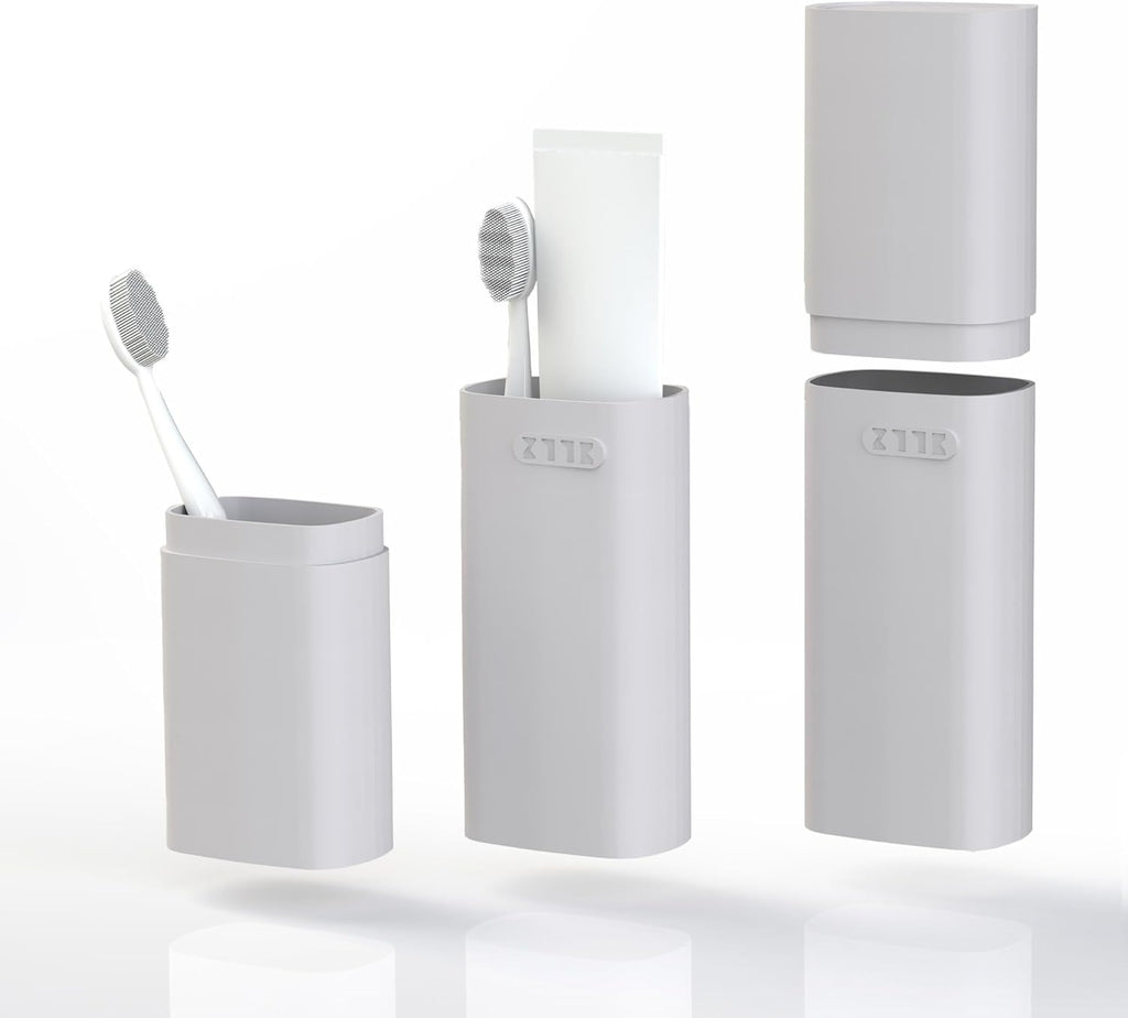 HyJeryty Ventilated Compact Grey Toothbrush Travel Case, Portable Toothbrush & Toothpaste Holder Cover Organizer Container with Mouthwash Cup for School, Camping, Business Trip, Bathroom Storage