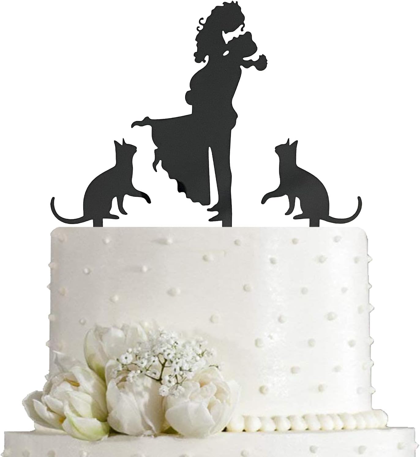 JIEEIN Wedding Cake Topper - Bride Hold Groom with Flowers Besides Two Pet Cats Silhouette Cake Decoration