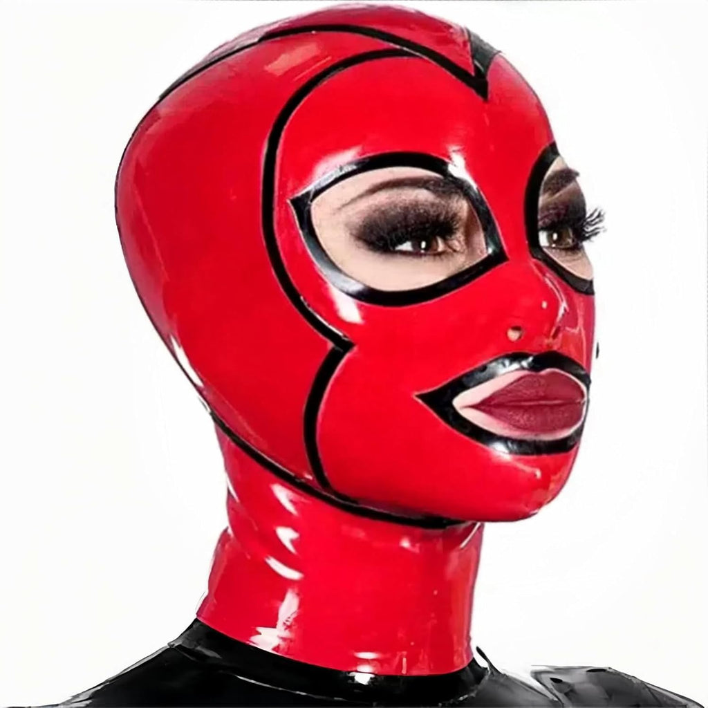 Red Latex Hood with Black Trim Back Open Eyes Mouth Rubber Mask Club Party Wear Costume