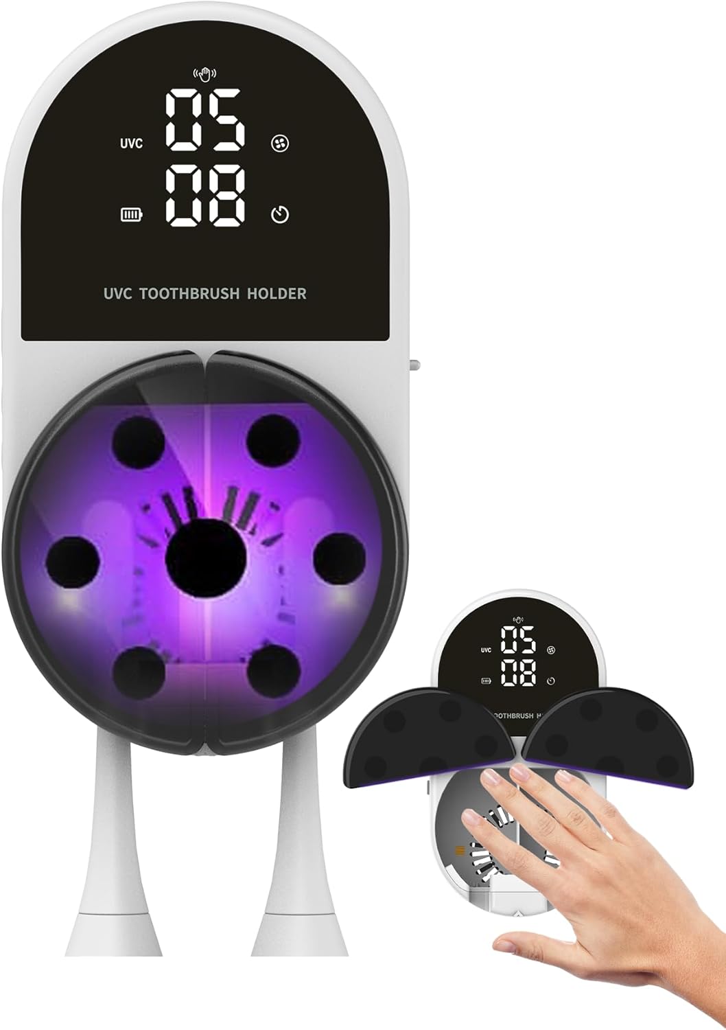 UV Toothbrush Sanitizer Holder & Cleaner with Led Clock Display, Hands-Free Wave Sensing & Dual Toothbrush Storage - Wall Mounted UV Tooth Brush Sanitizer Holder for Bathroom Decor, Fits All Brushes