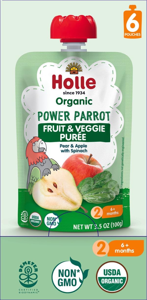 Holle Organic Baby Food Pouches - Power Parrot Baby Puree with Pear, Apple & Spinach - (6 Pack) Organic Baby Snacks + Fruit and Veggie Pouches for Weaning Babies 6 Months and Older