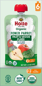 Holle Organic Baby Food Pouches - Power Parrot Baby Puree with Pear, Apple & Spinach - (6 Pack) Organic Baby Snacks + Fruit and Veggie Pouches for Weaning Babies 6 Months and Older