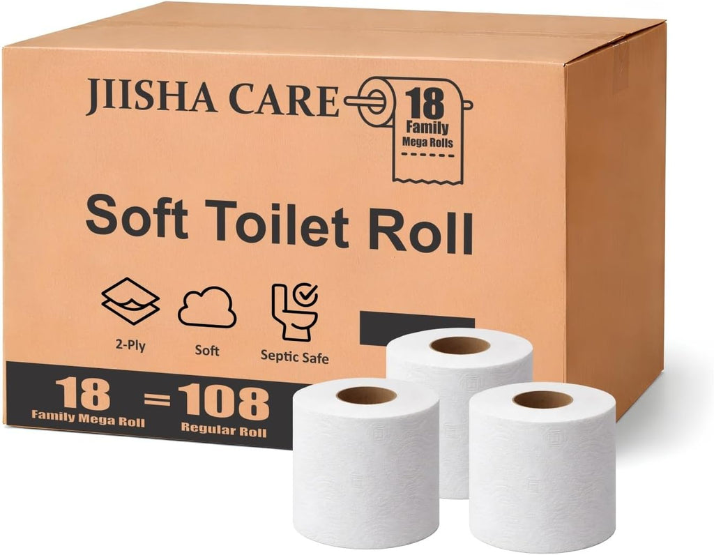 Ultra Soft 2-Ply Toilet Paper, Cushiony Touch with Smooth Tear, 18 Family Mega Rolls = 108 Regular Rolls (18 Rolls (300 Sheets), Family Mega)