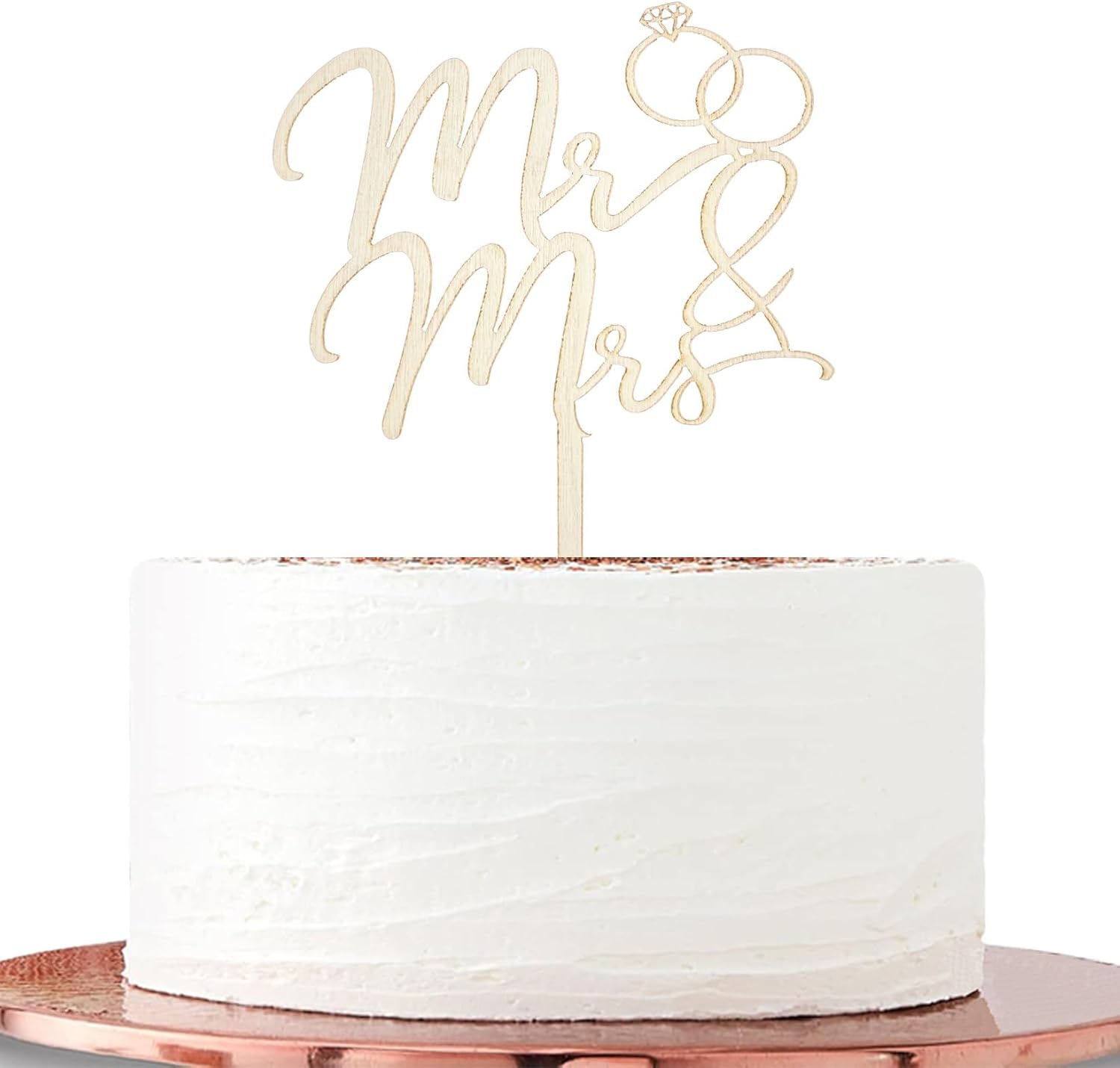 Woodware Mr & Mrs Wedding Cake Topper, Natural Wood, Script Style with Ring Design, Decorative Cake Ornament